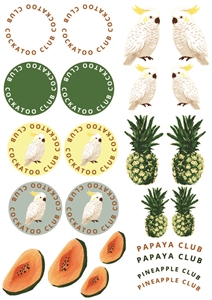 Bild von Small Cockatoos, Papaya, Pineapples for bag, keychains and garments - DTF A4 - for DIY